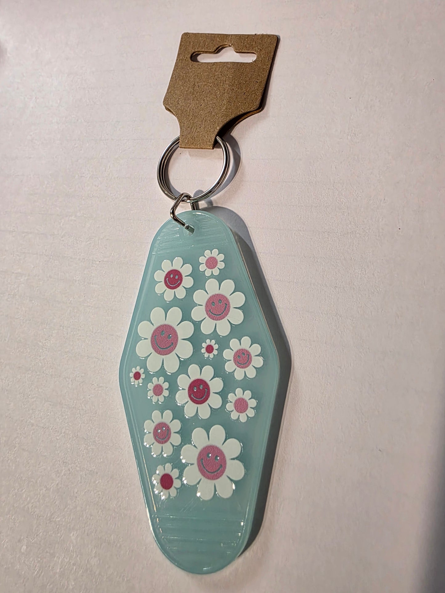 White & Pink Flowers (Blue) Keychain
