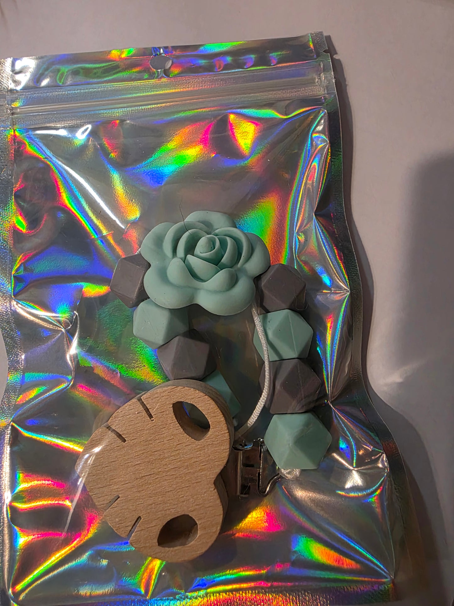 Grey & Green Rose Pacifier Clip
