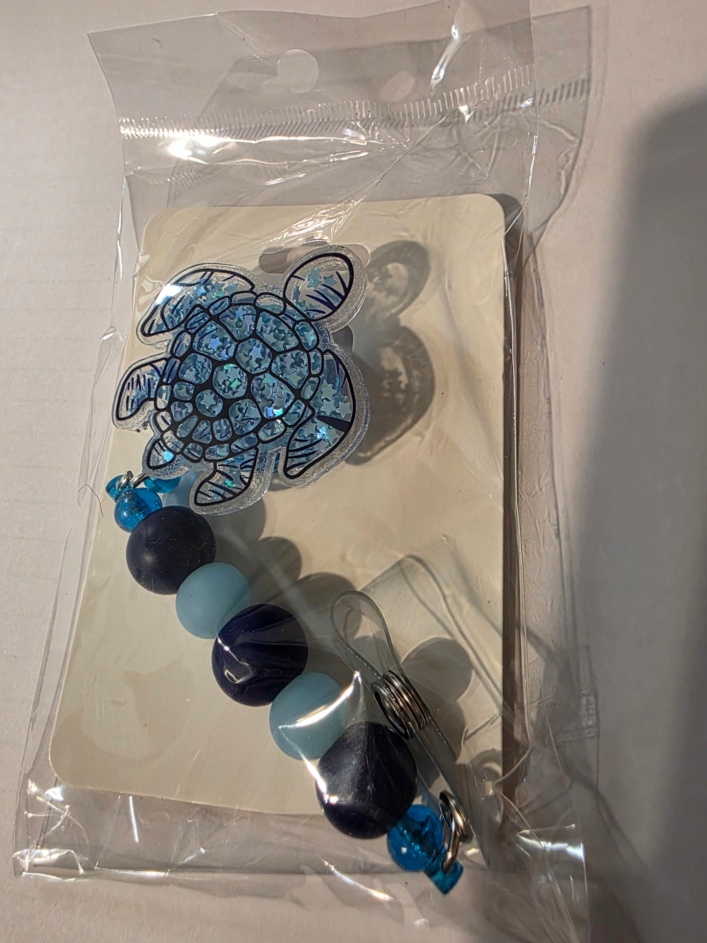 Blue Turtle Shaker Beaded Badge Reel
