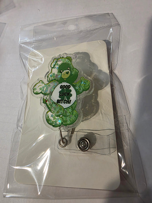 Green Good Luck Bear Badge Reel