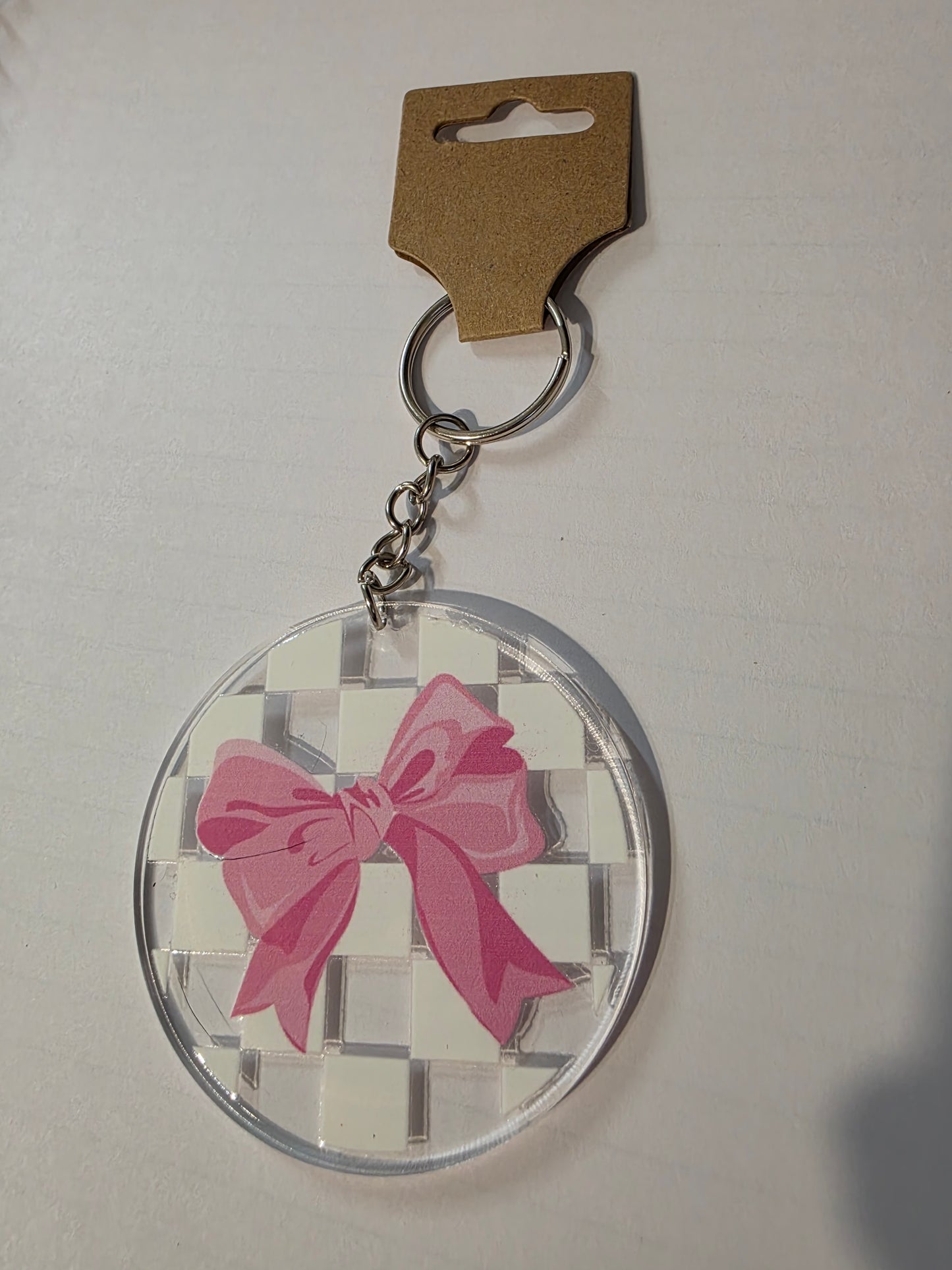 Checkered Pink Bow Keychain