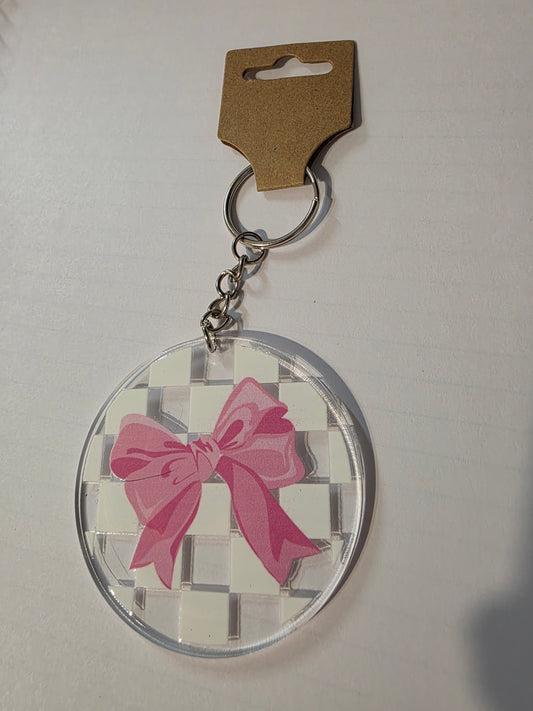 Checkered Pink Bow Keychain